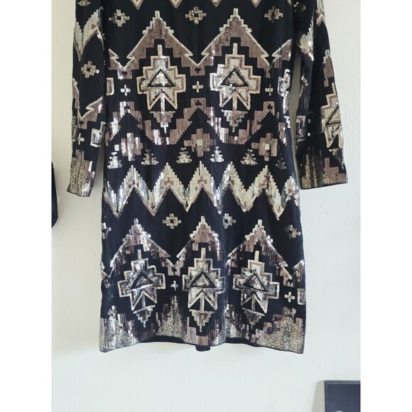 Express Mini Dress Woman's M Black Sequin Aztec Long Sleeve Formal Date Night - Picture 3 of 10